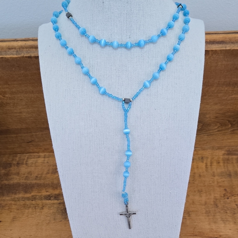 ROSARY 19" BLUE CATS EYE/SEED BEAD/HEMATITE